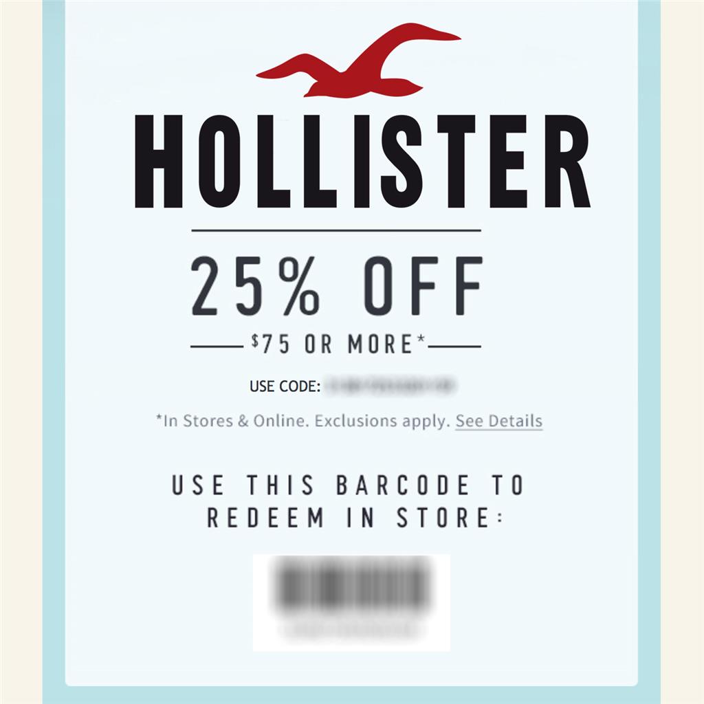 25% off $75+ HOLLISTER Co. Promo-Coupon Code Ex 10/2/20 OnIine/In Store ...