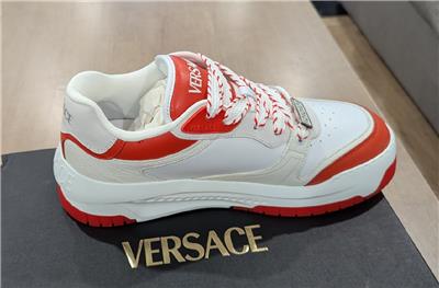 $925 VERSACE Odissea Leather Low-Top Sneakers White/Coral 45