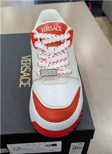 $925 VERSACE Odissea Leather Low-Top Sneakers White/Coral 45