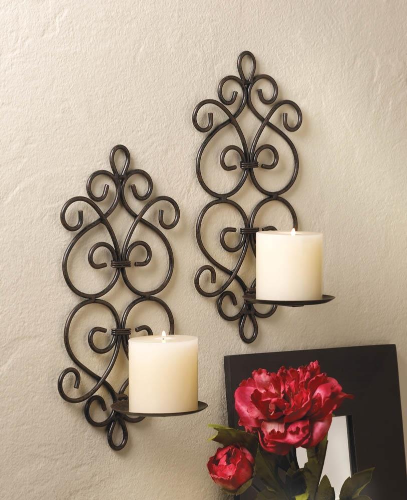 Set Of 2 Tuscan Mediterranean Scroll Work Metal Candle Wall Decor