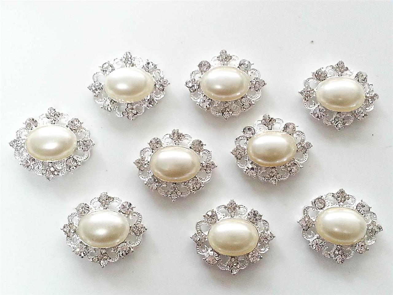 MT56-30*25mm Vintage Stick On Metal Diamante Pearl Oval Wedding Crystal ...