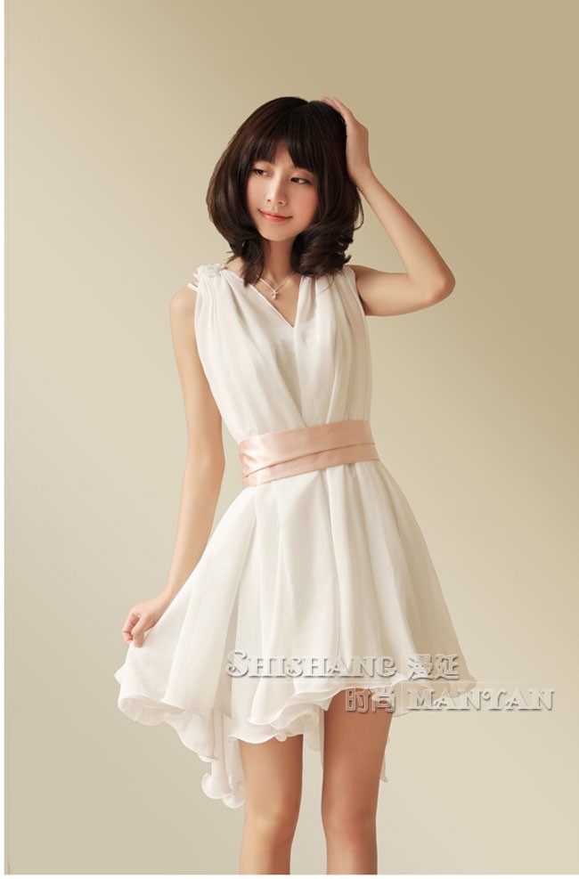 R078 New Womens V-neck Sleeveless pleated with belt Cocktail Party ...