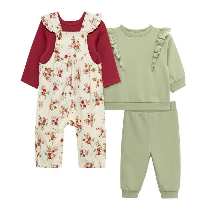NEW! INFANT GIRL’S LITTLE ME 4 PIECE OVERALL SET! 1 BIB, 1 PANT 2 TOPS! VARIETY