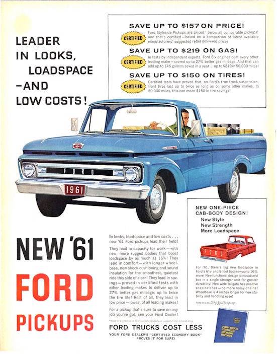 1961 FORD TRUCK 2 PAGE PRINT ADVERTISEMENT ECONOLINE PICKUPS RANCHERO F600