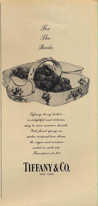 1962 Tiffany PRINT AD Bone China Berry Basket with Gold Floral