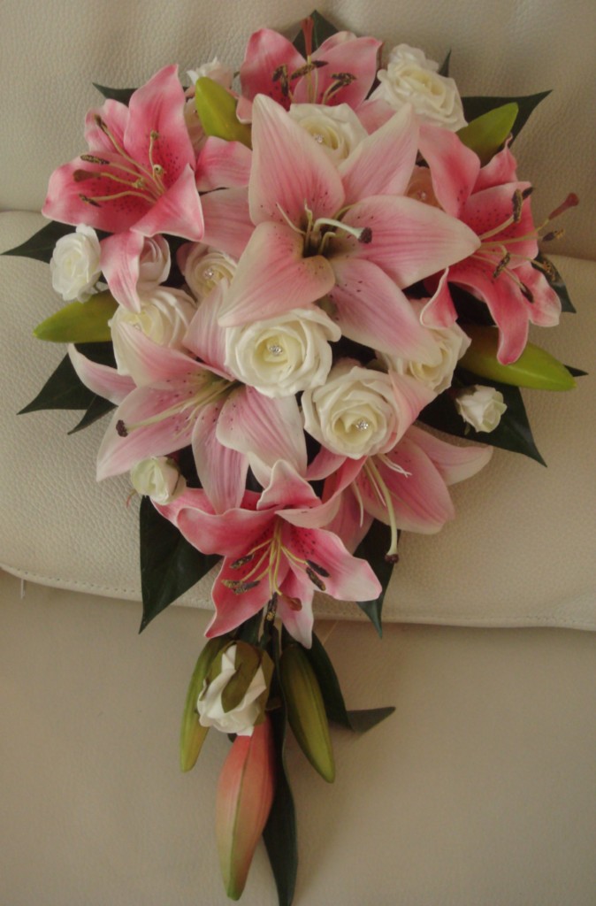 WEDDING BOUQUET SET, PINK LILY,IVORY ROSE,DIAMANTES | eBay