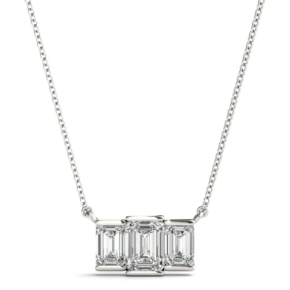 Emerald Lab Grown Diamond VS F 1.10 Ct 3 Stone Solitaire Pendant 14K White Gold