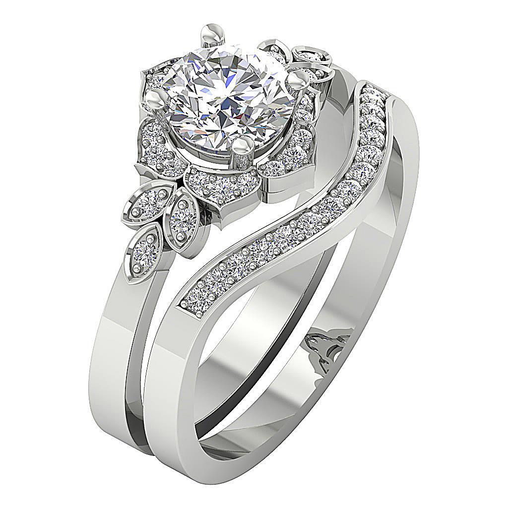 1.30 Ct Round Diamond Designer Bridal Halo Ring Set Band 14K Rose Gold 12.00 mm