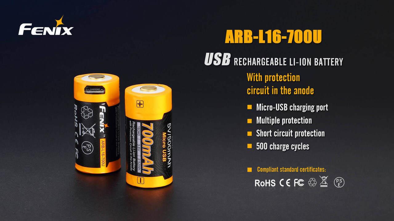 Fenix ARB-L16-700UP Build-in USB Rechargeable 700mAh 16340