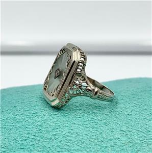 Bague Art Déco En Or Blanc 14k Avec Diamant Et Cristal De Roche - Taille 7 - Occasion