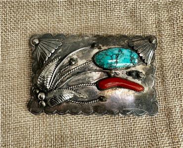 Signed Navajo Turquoise Coral Sterling Silver Belt Buckle -HT- Vintage Native Vintage Signed Joseph Begay Navajo Silver Turquoise Coral  main image 4