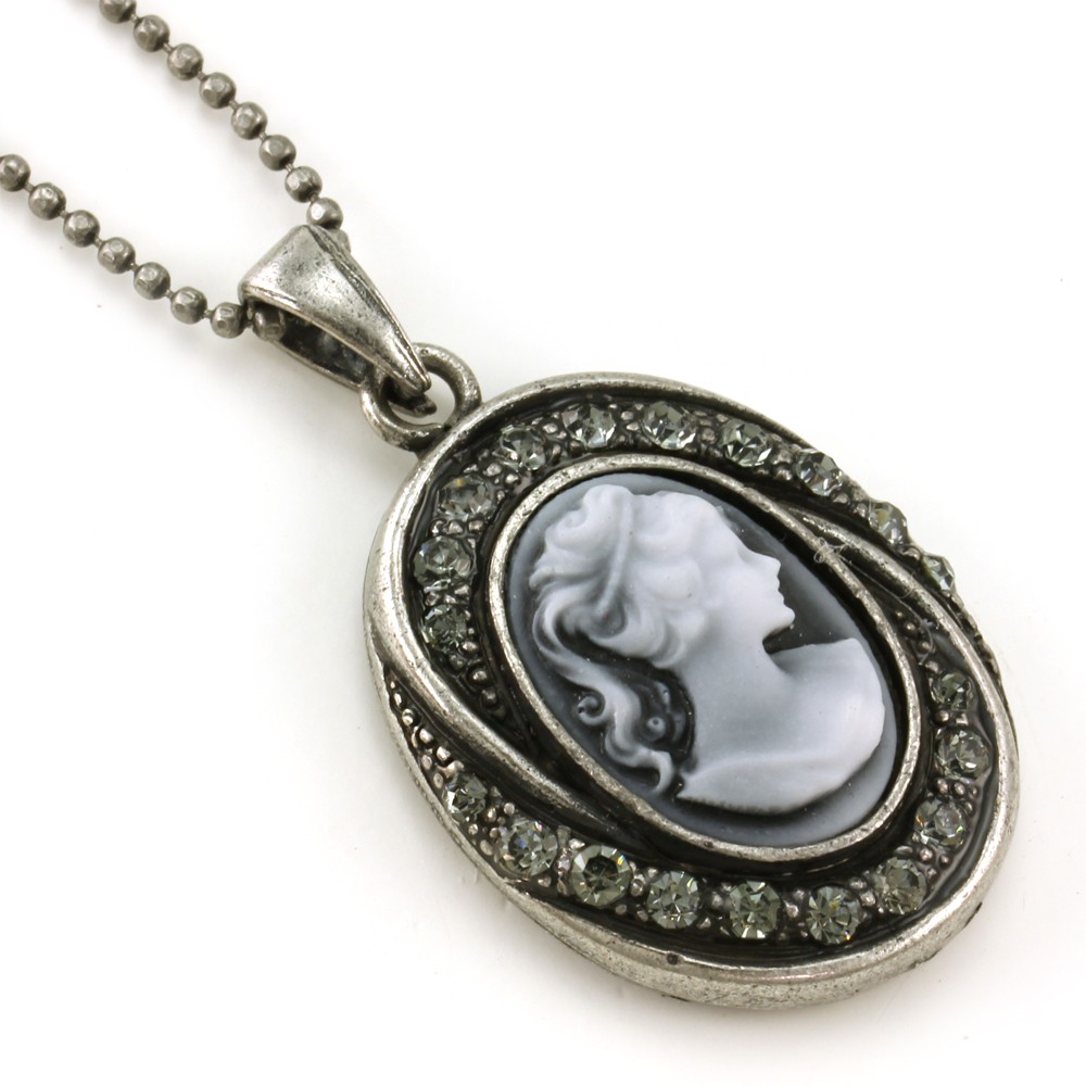 Classic Light Gray Cameo Pendant Necklace Antique Silver Tone Crystal