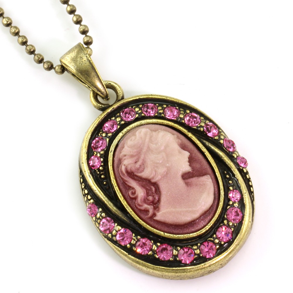 Classic Indian Pink Cameo Pendant Necklace Antique Silver Tone Crystal Stone q1 eBay