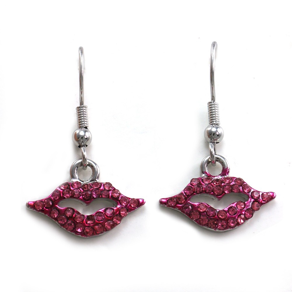 Valentine's Day Sexy Lips Pink Dangle Earrings Silver Tone Fashion