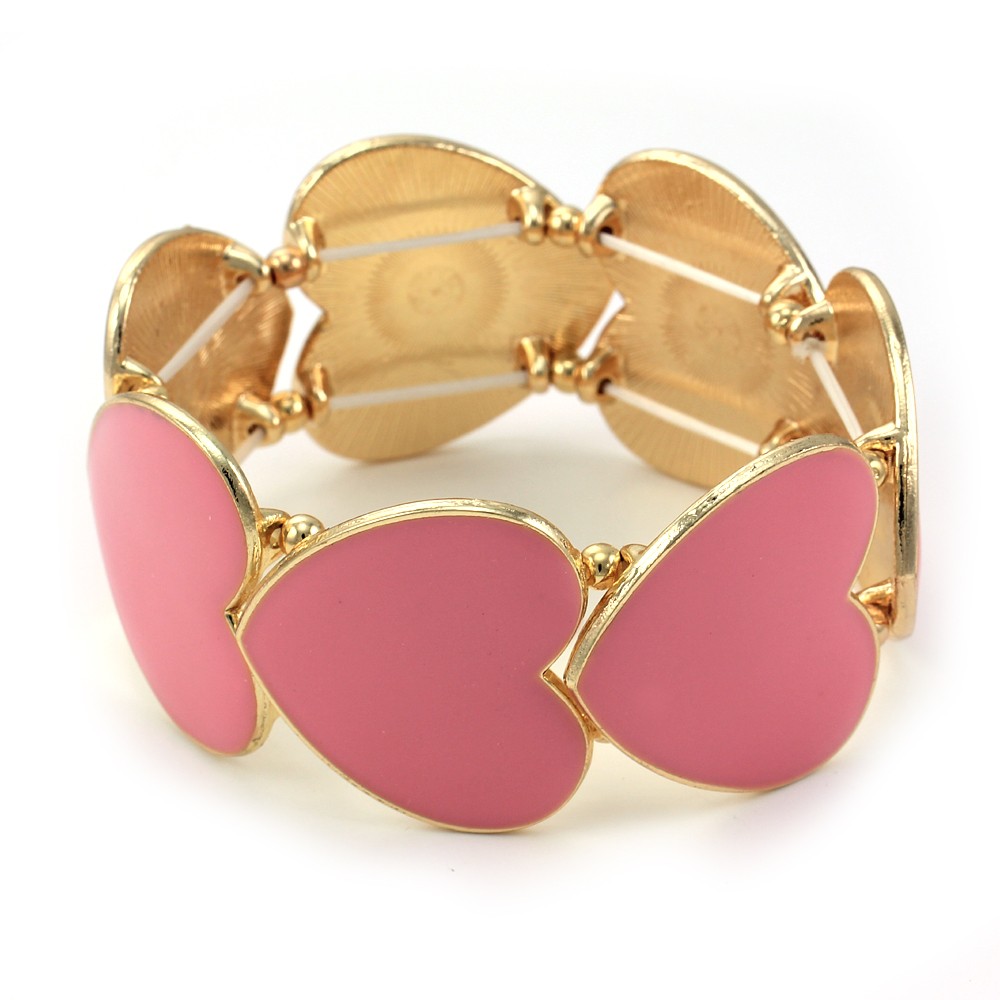 Valentine's Day Heart Pink Enamel Stretch Cuff Bracelet Gold Tone