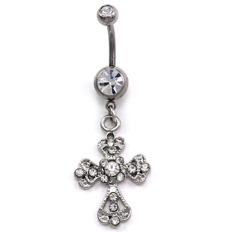 Clear Vintage Style Christian Cross Dangle Belly Button Ring Navel Body ...