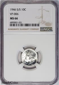 1946-S/S VP-006 RPM Roosevelt Dime ~ NGC MS66 ~ 1 OF 3 IN ALL