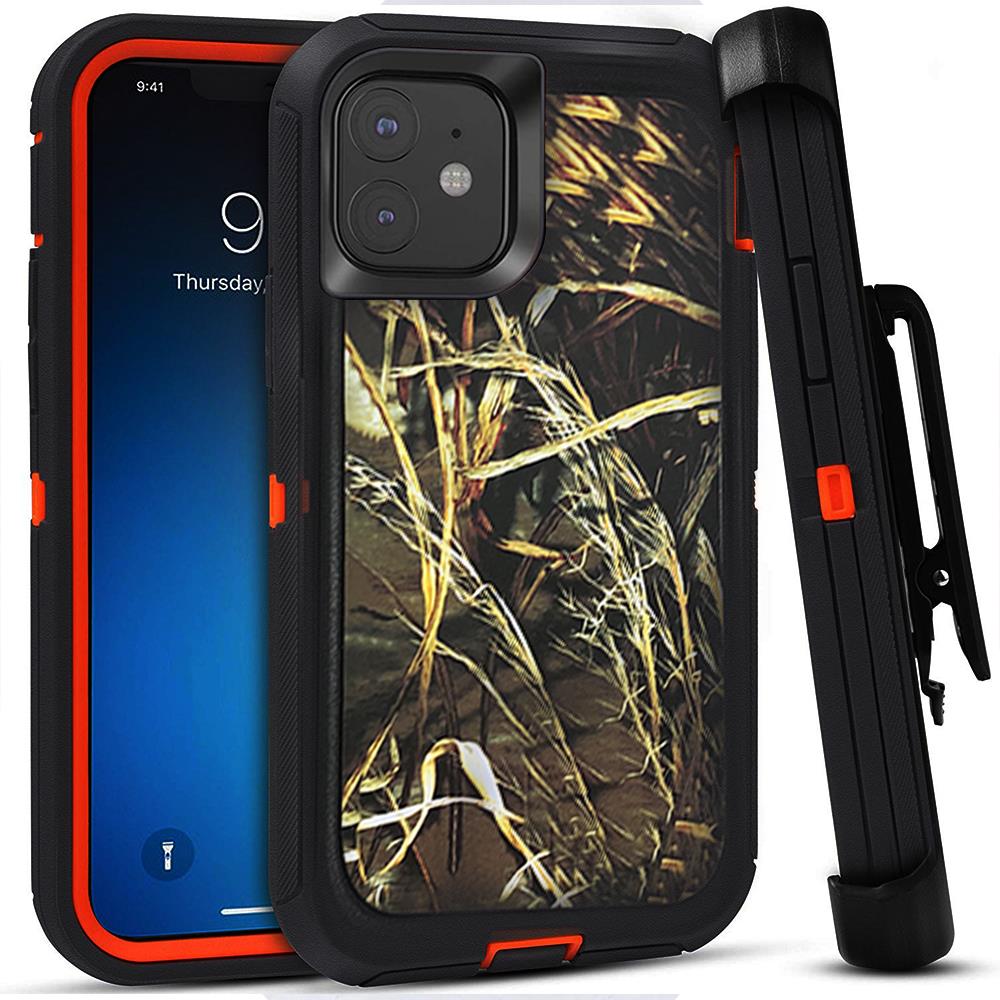 For iPhone 11 Orange/Grass Camo Tree Shockproof Case Cover w/ Belt Clip Holster