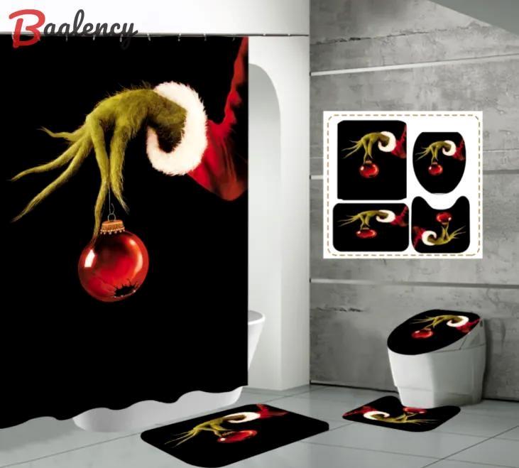 Christmas 4 PCS Grinch Shower Curtain Set Bathroom Curtain Rug Non-Slip Bath Mat - Picture 15 of 15