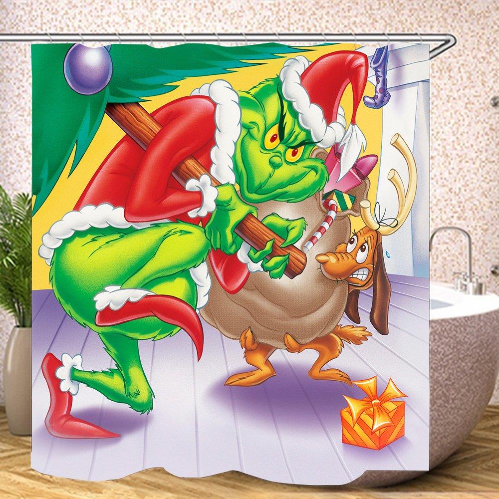 Christmas 4 PCS Grinch Shower Curtain Set Bathroom Curtain Rug Non-Slip Bath Mat - Picture 14 of 15
