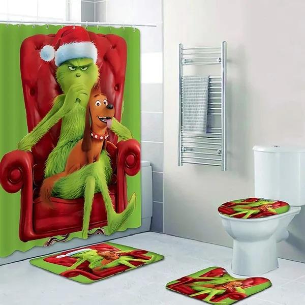 Christmas 4 PCS Grinch Shower Curtain Set Bathroom Curtain Rug Non-Slip Bath Mat - Picture 12 of 15
