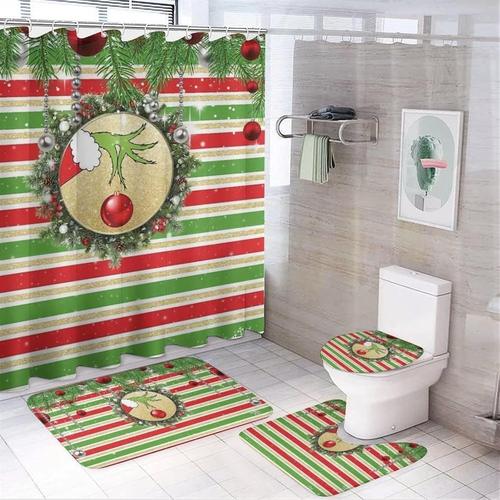 Christmas 4 PCS Grinch Shower Curtain Set Bathroom Curtain Rug Non-Slip Bath Mat - Picture 13 of 15