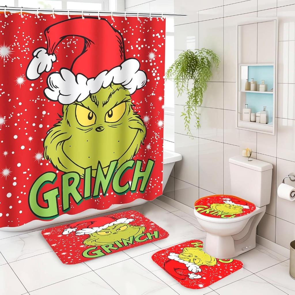 Christmas 4 PCS Grinch Shower Curtain Set Bathroom Curtain Rug Non-Slip Bath Mat - Picture 11 of 15