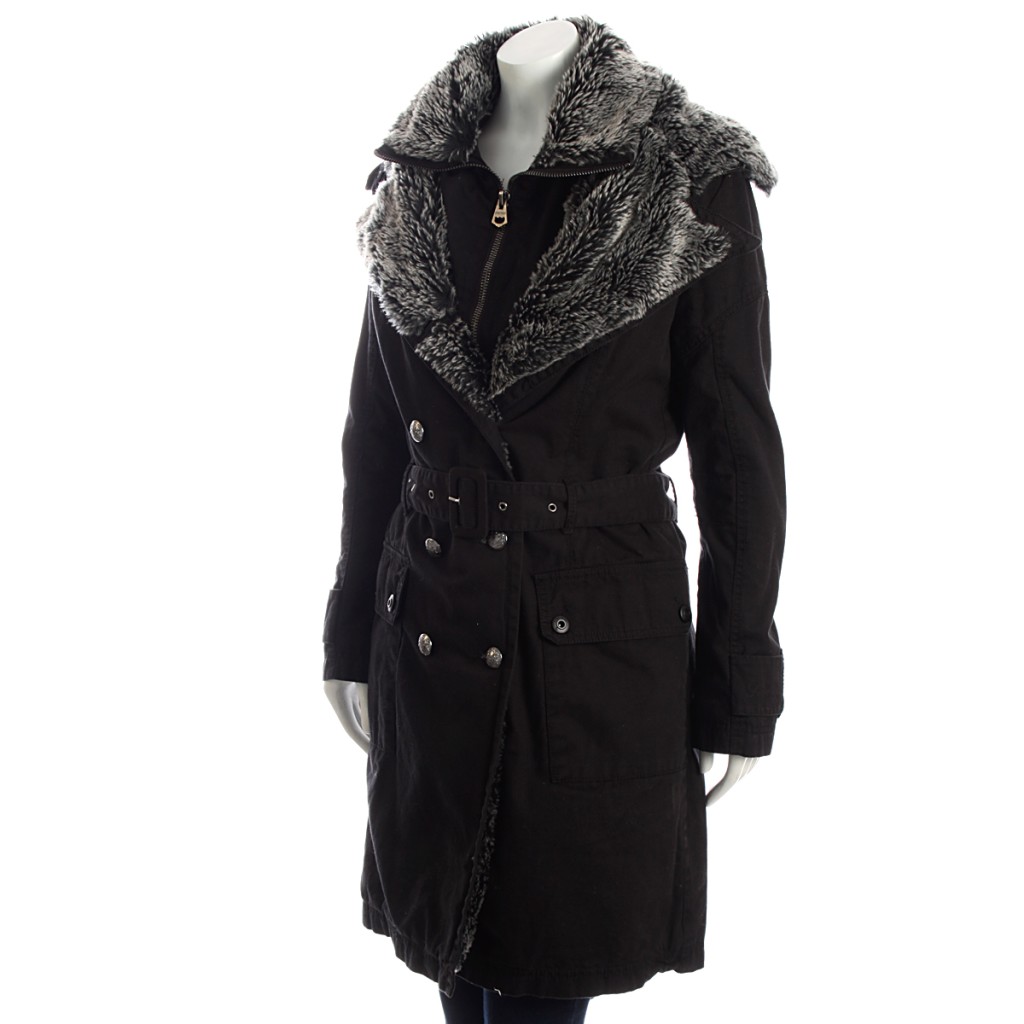 Women New Firetrap Fur Lined Black Winter Coat with Belt