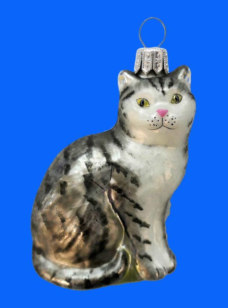 SILVER / WHITE TABBY CAT KATZE ORNAMENT EUROPEAN BLOWN GLASS CHRISTMAS ...