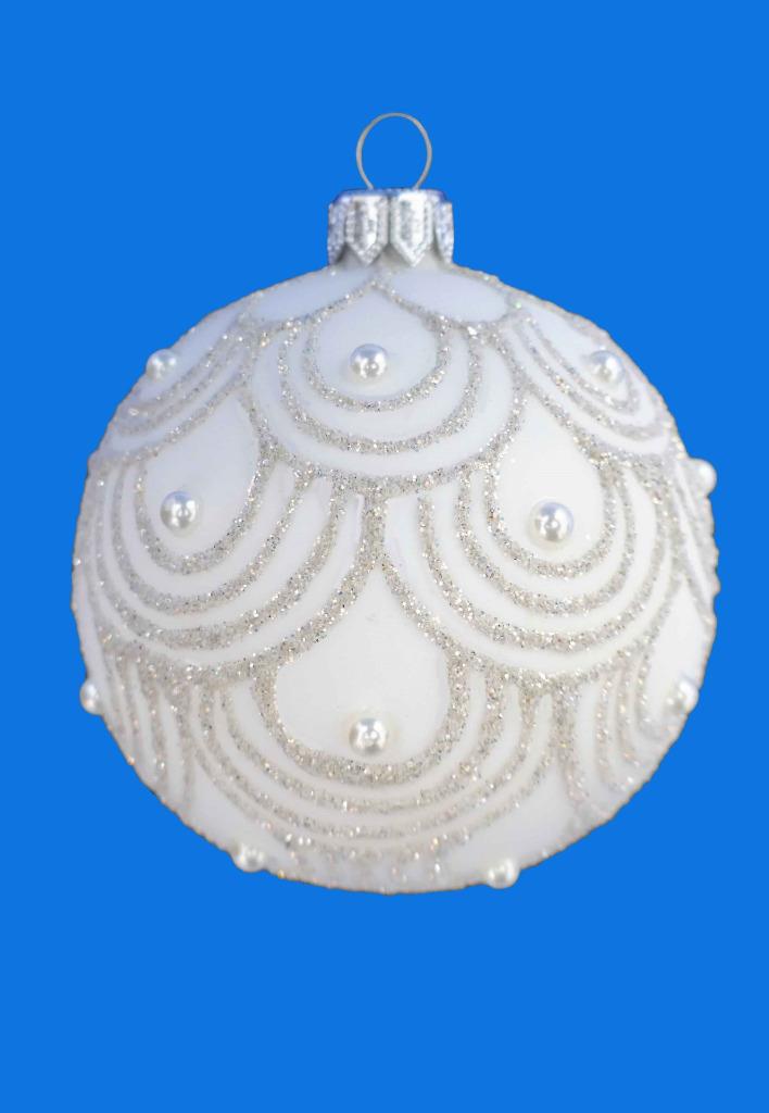 8cm ISABELLA WHITE KUGEL BALL EUROPEAN BLOWN GLASS CHRISTMAS ORNAMENT