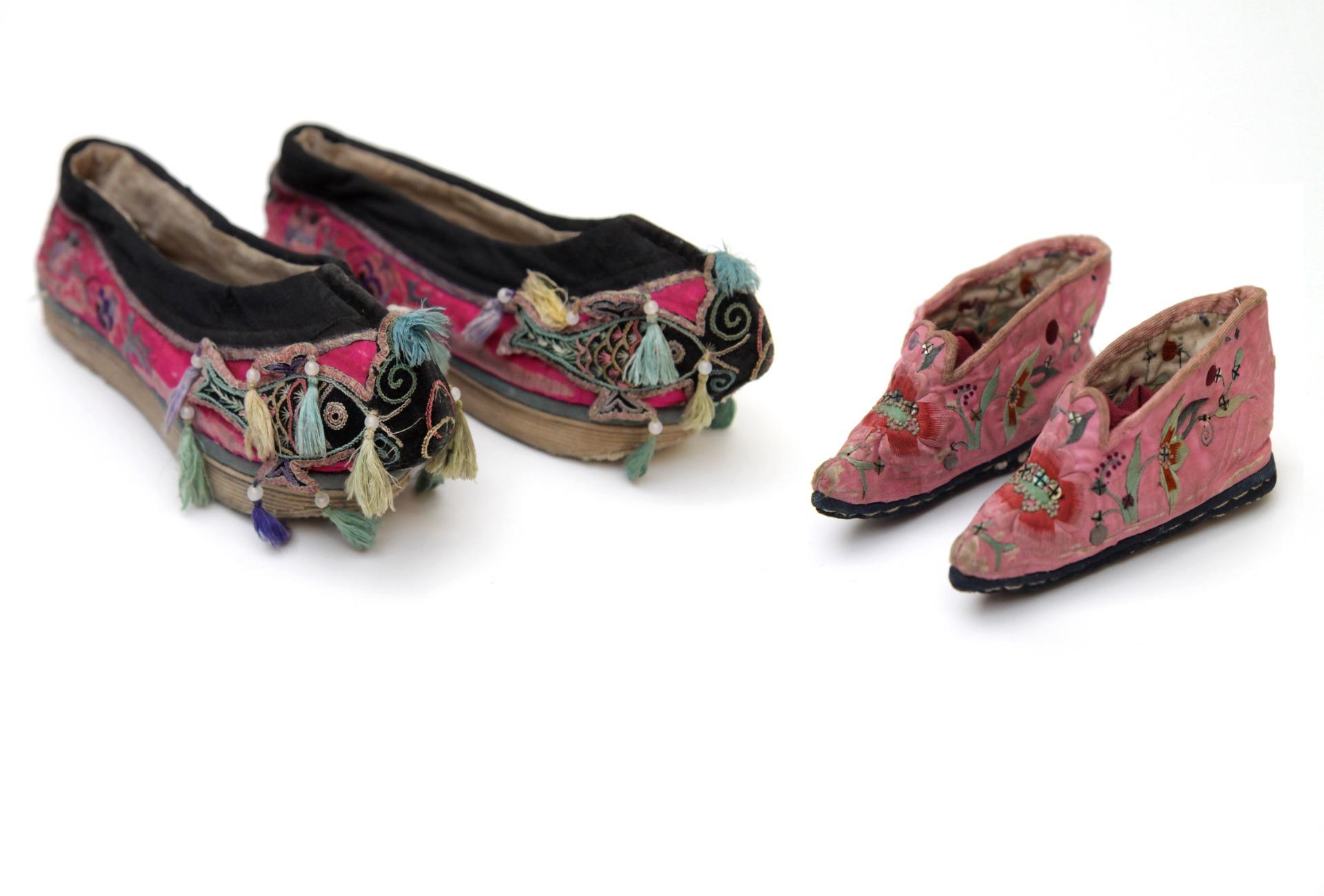 2X Antique CHINESE SHOES Manchu + Lotus Bound Feet Foot Binding