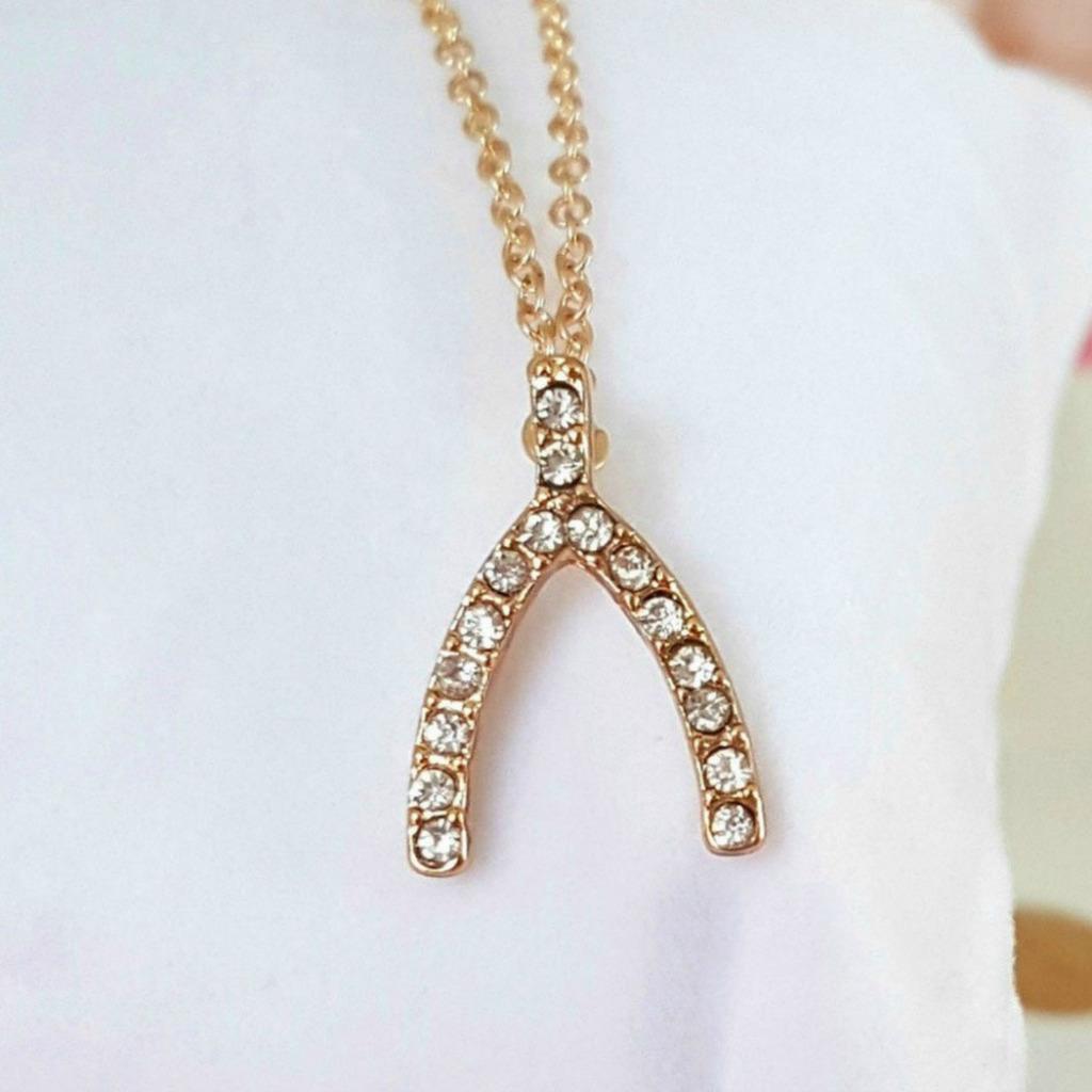 TINY SPARKLING WISHBONE NECKLACE 0.75″ Pendant 17″ Chain Rhinestone Make a Wish