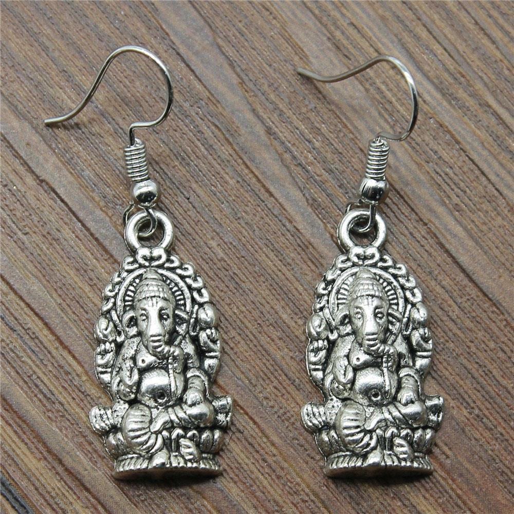 GANESHA EARRINGS 1″ Hindu Elephant God Silver or Brass Tone Metal Drop Dangle
