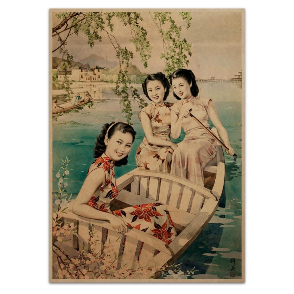 Three Girls in a Boat Poster Vintage Reproduction Print Shanghai Chinese Ad Art - Picture 2 of 3