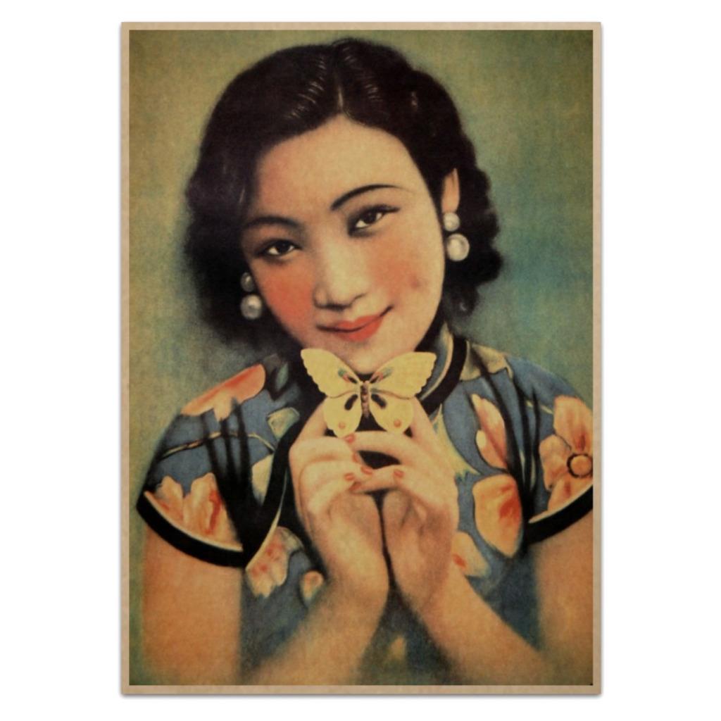 Ragazza con Poster Farfalla Stampa Riproduzione Vintage Cinese Shanghai Lady Ad Art - Foto 2 di 3