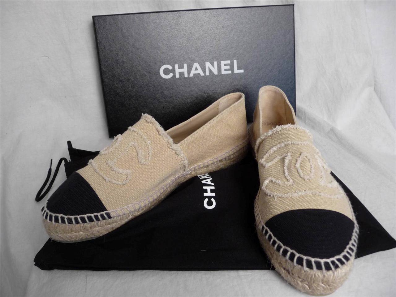 NIB Chanel beige platform canvas espadrilles CC shoes flats | eBay