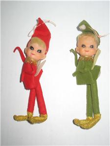 Vintage Christmas Red Green Felt Elf Ornaments Plastic Face Made in ...