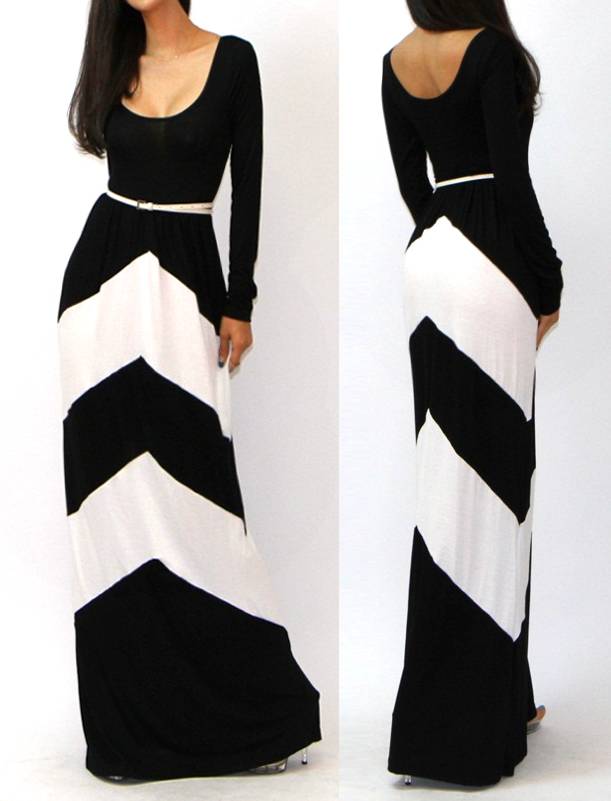 W1 USA CHEVRON COLOR BLOCKED LONG SLEEVE EMPIRE WAISTED JERSEY MAXI ...