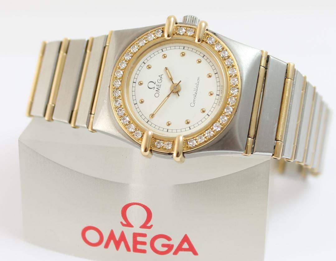 Rare Vintage Ladies 18k Gold S/S Omega Constellation Diamond Bezel