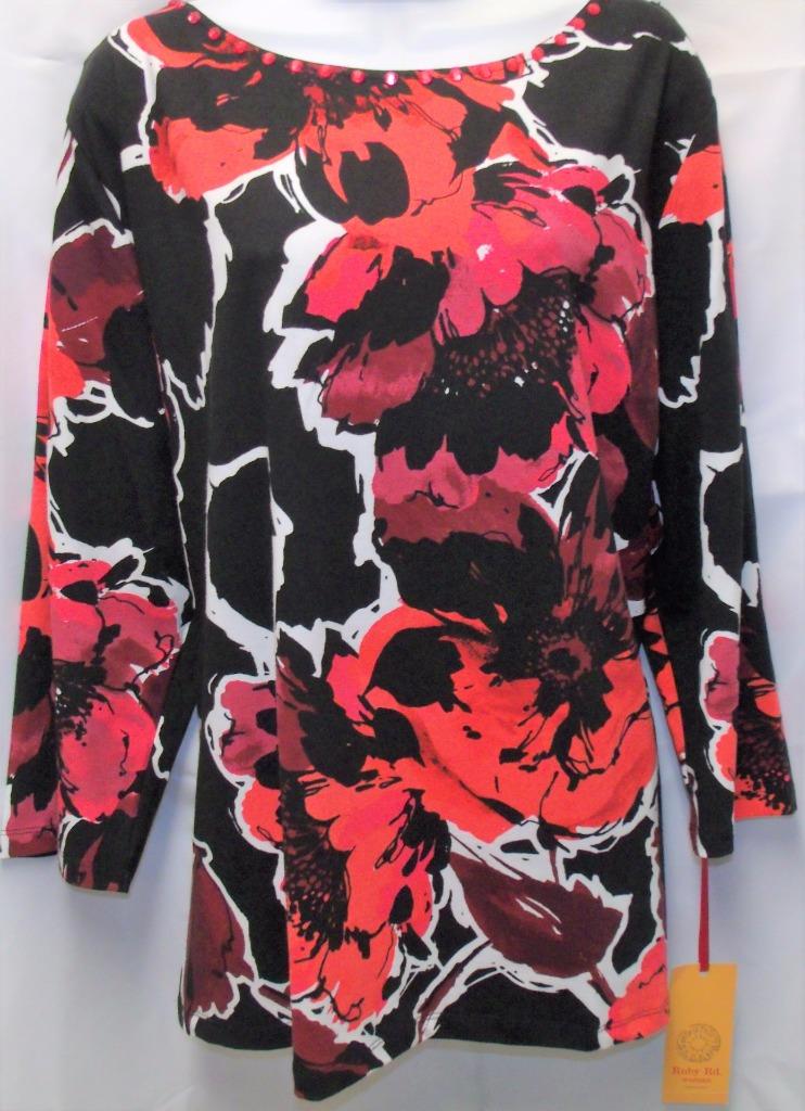 RUBY RD. PLUS WOMEN SIZE 2X 3X RED BLACK FLORAL 3/4 SLEEVE BEADED TOP ...