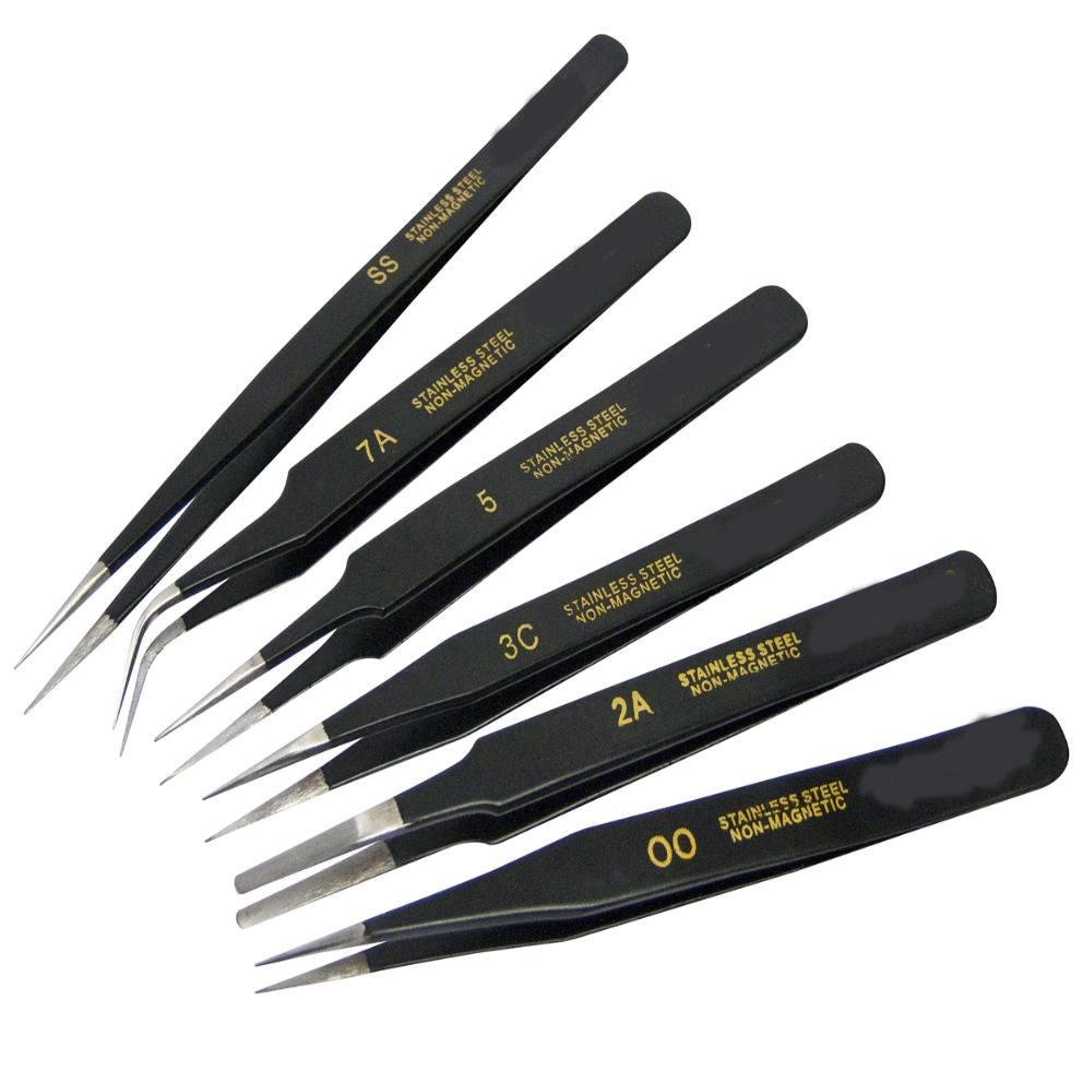 6 PIECE NON STAINLESS STEEL TWEEZERS COATED FOR MODELING CRAFT