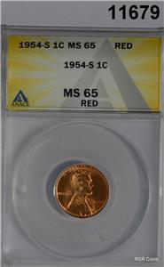 1954 S LINCOLN WHEAT CENT ANACS CERTIFIED MS65 RED FLASHY! #11679