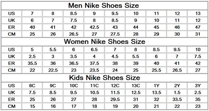 nike sizing chart women's shoes