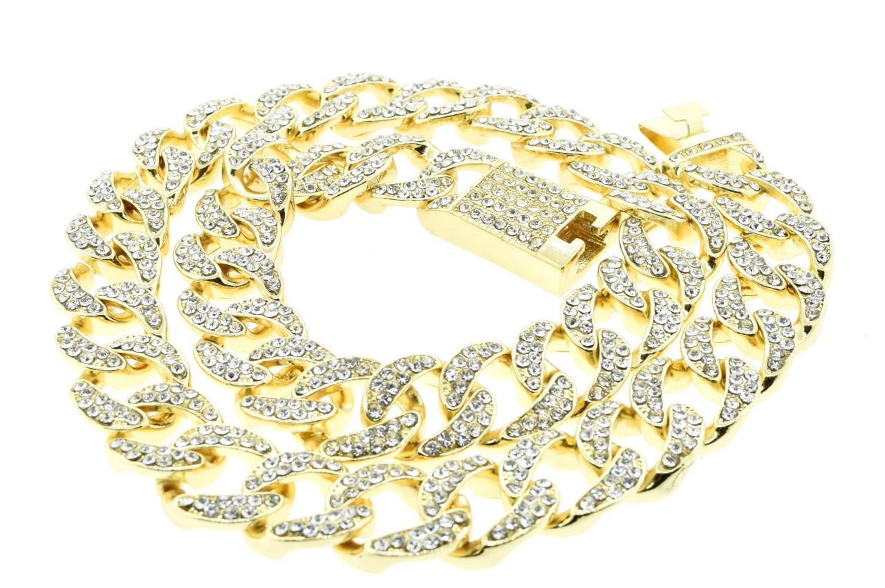 Hip Hop 14k Yellow Gold Plated Rapper Fully Iced CZ 18 inch Miami Cuban Chain