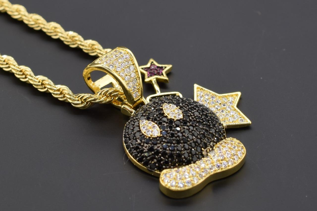 Hip Hop 14K Gold Plated Small Anime Character Flashy ICE Pendant with Rope Chain