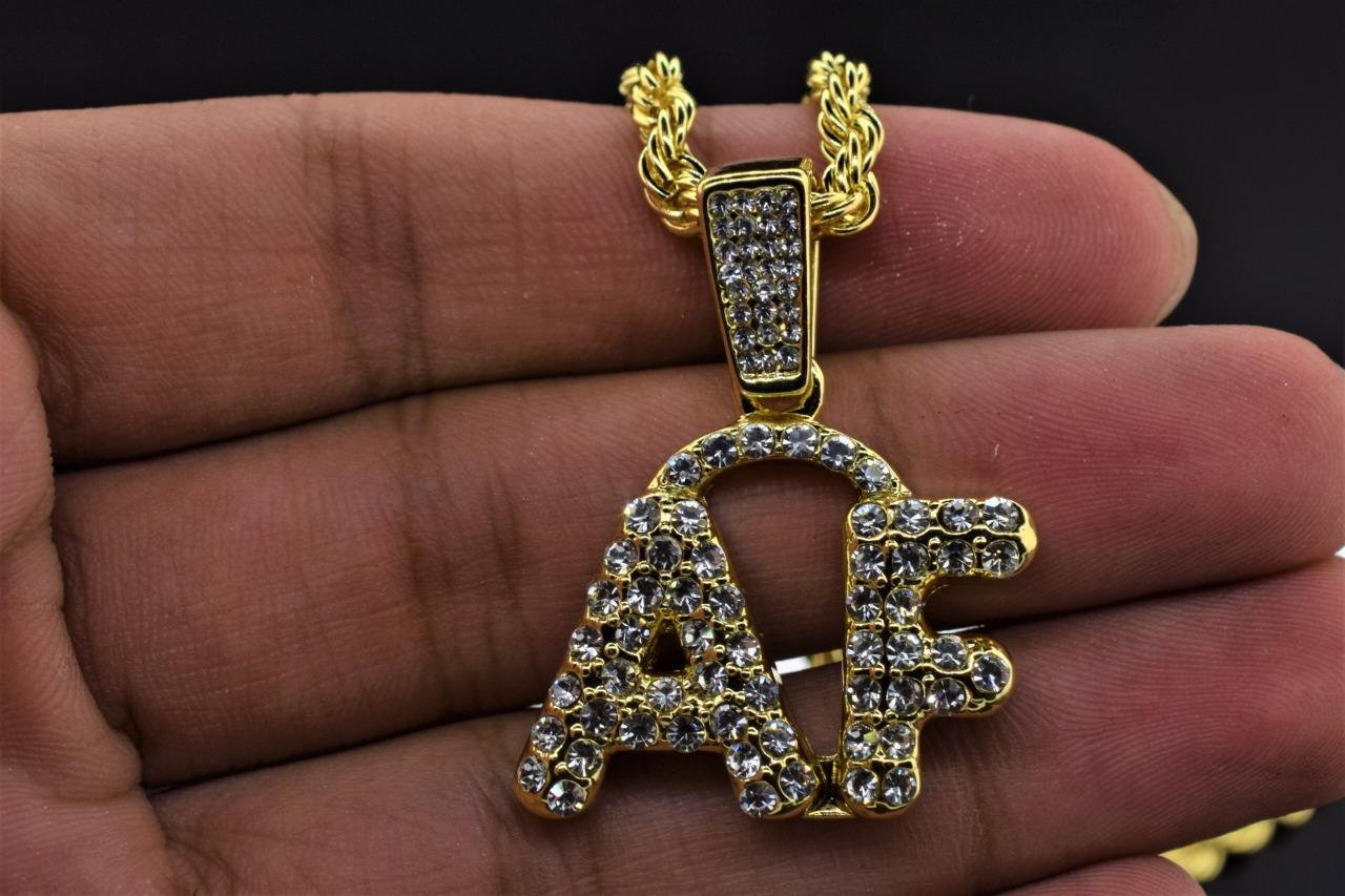 1Hip Hop 14K Gold Plated Small AF Flashy ICED Pendant with 4mm Rope Chain