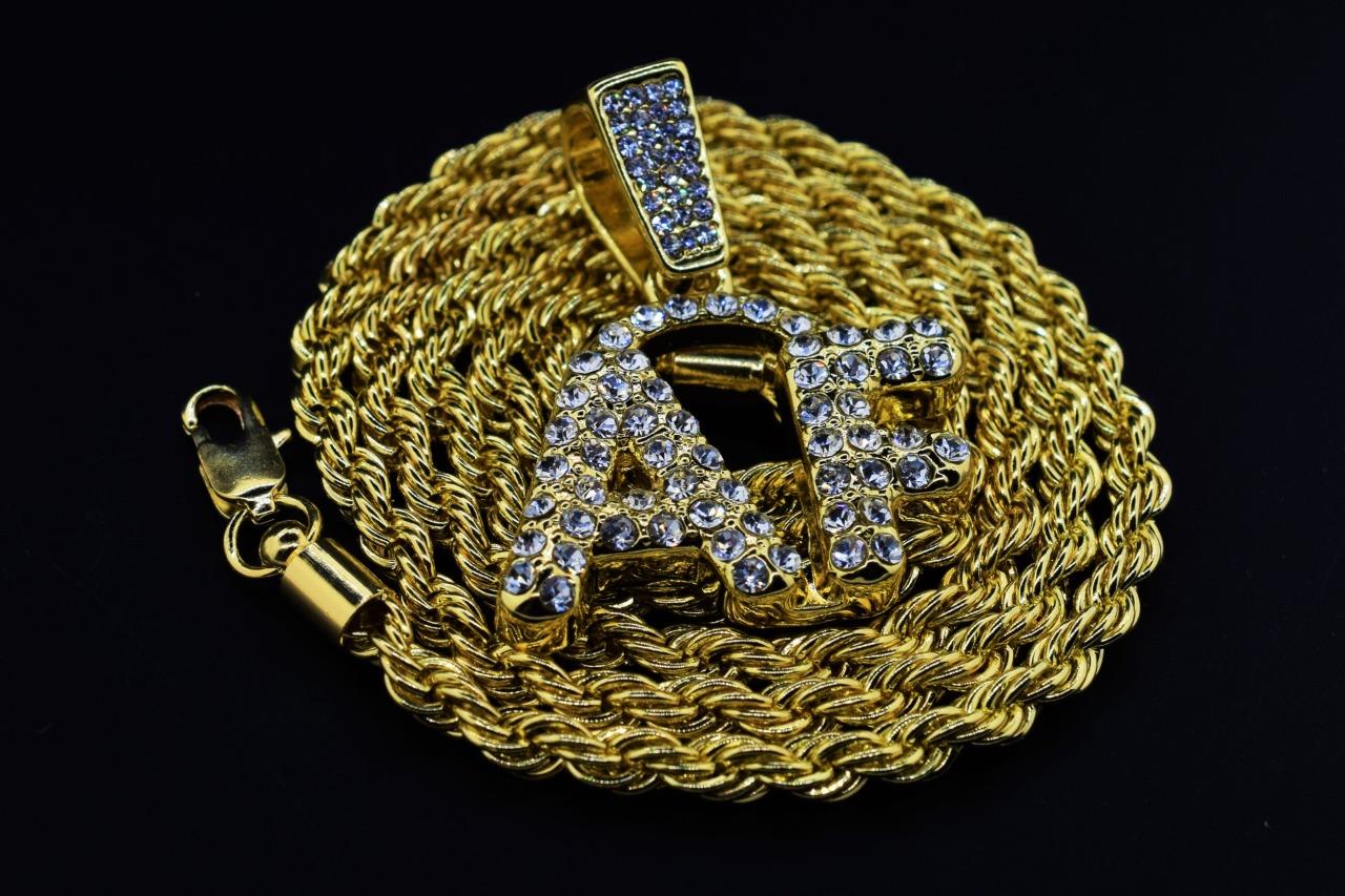 Hip Hop 14K Gold Plated Small AF Flashy ICED Pendant with 4mm Rope Chain