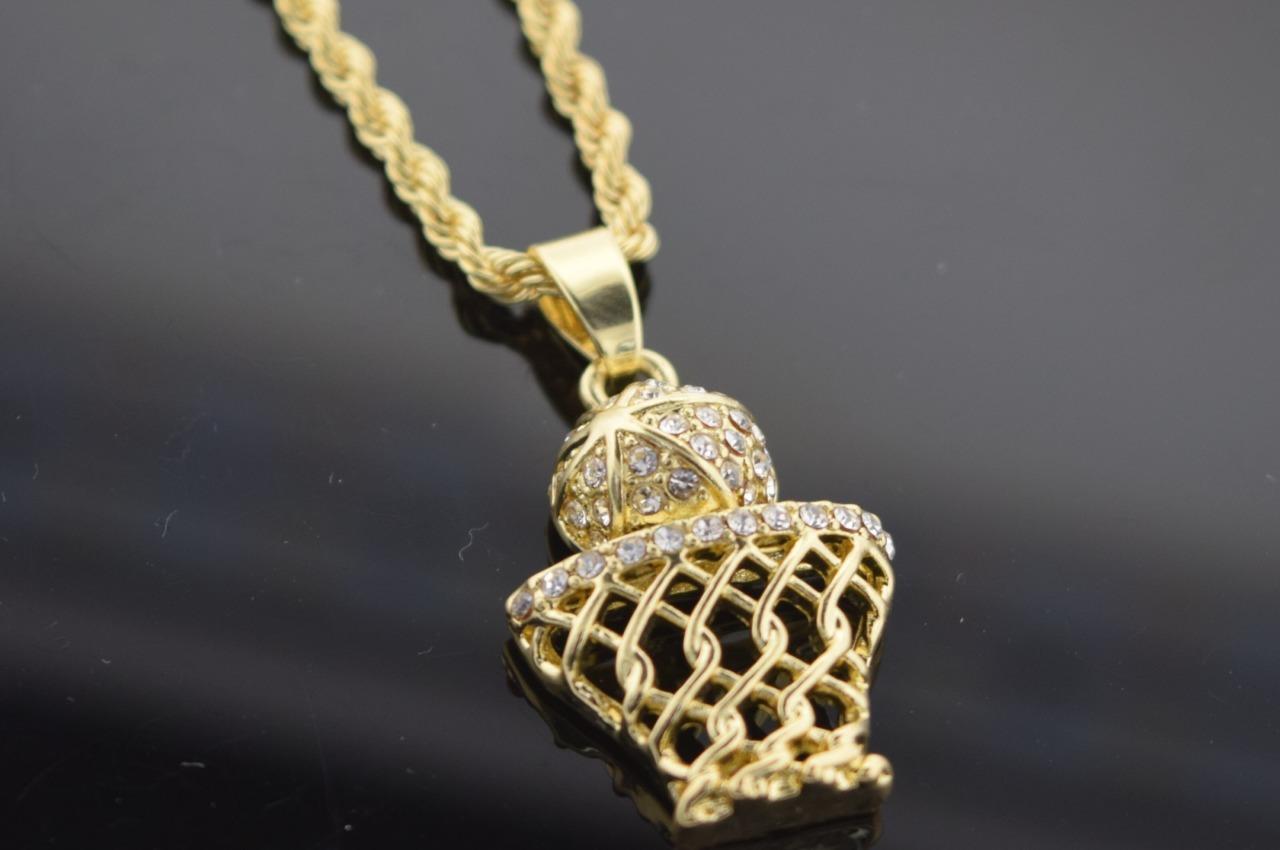 14k Gold Plated Iced Flashy Cz Hip Hop Mini Basketball Hoop Charm