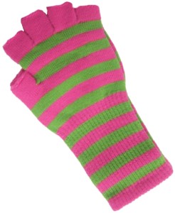 Pink Green Striped Long Wrist Knit Fingerless Gloves Ladies Girls Multi ...