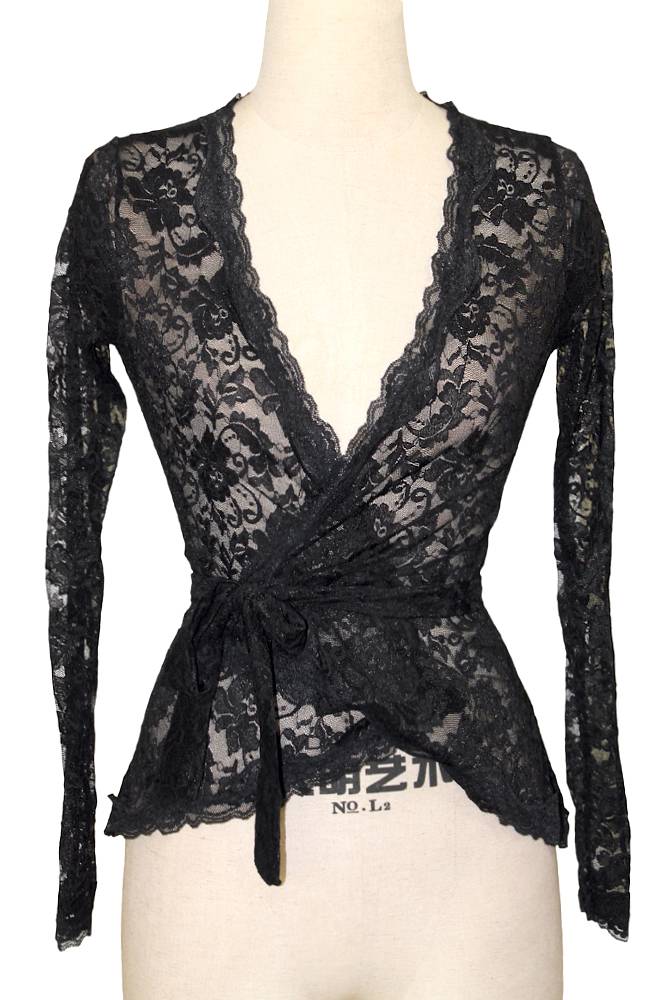 Sexy Sheer Black Floral Stretch Lace Long Sleeve Wrap Shirt Tie Top Sm ...